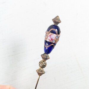 Vintage lampwork hat pin, blue pink gold glass hatpin